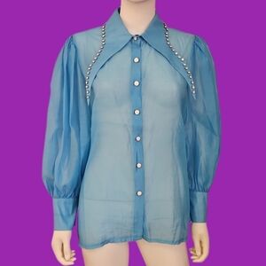 WOWO Icy Blue Long Rhinestone Collar Puff Sleeve Sheer Women's Top